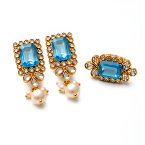Earrings with matching Ring set Aqua Blue color exclusively designed and made ByBushra Handmade Jewelry in Pakistan