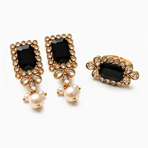 earrings with matching ring (set) - black