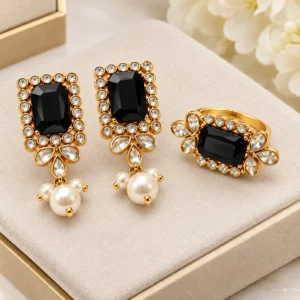 Handmade Crystal Black Stone Earrings and Ring Set with pearl drops