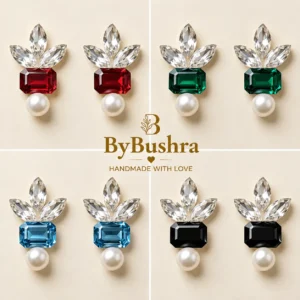 Handmade Crystal Bloom Stud Earrings with crystal petals, emerald-cut gemstone and pearl drop in red, green, blue and black