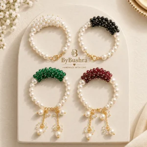Handmade Loreal Bracelet with pearl beads and faceted gemstone cluster in white, black, green and red